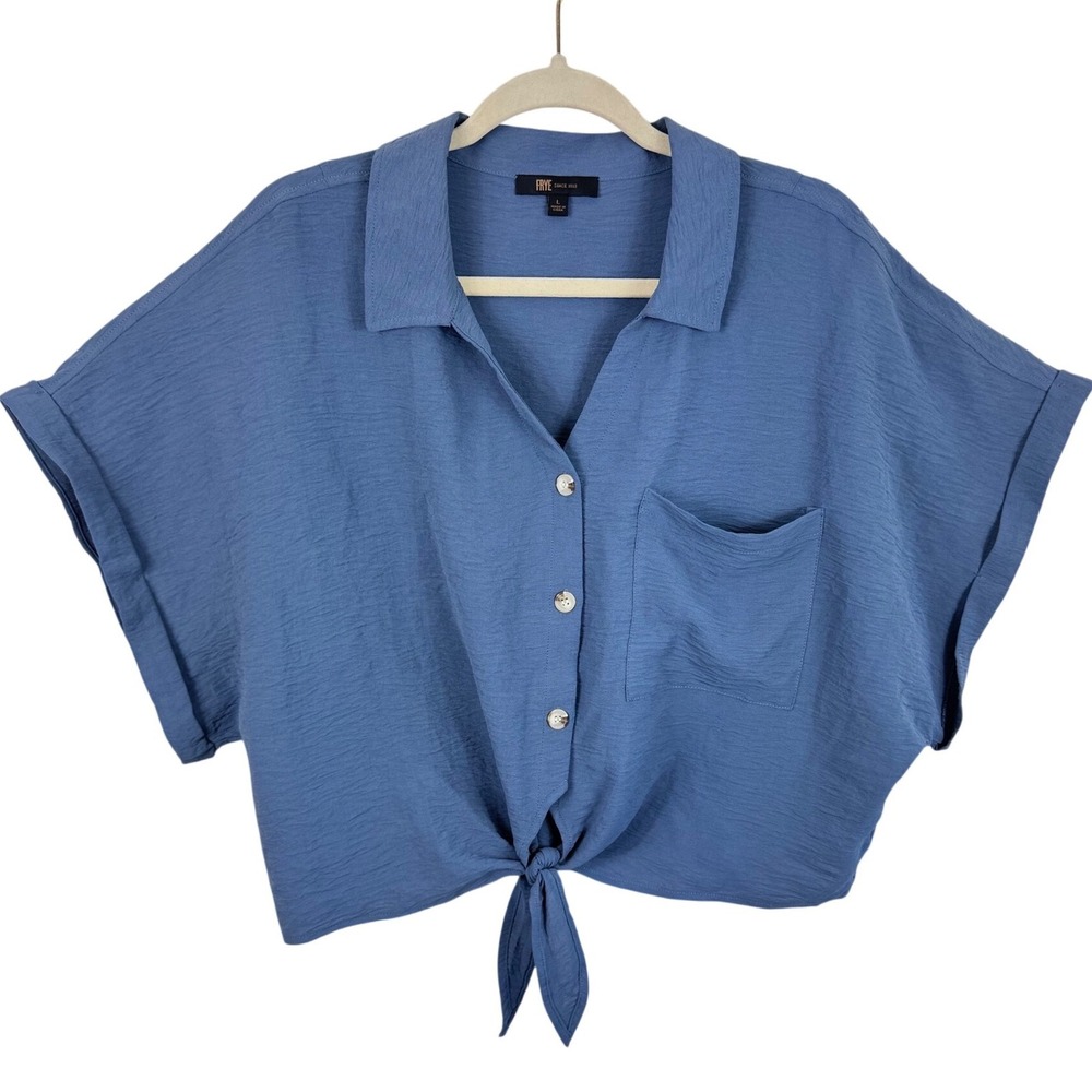 Frye Womens Blue Textured Tie Front Button Down Blouse Short Sleeve Large
